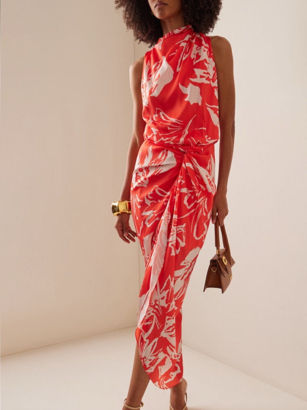 NWT Andres Otalora Red Orange Cultivo Gathered Floral Print Midi Dress, Size 4